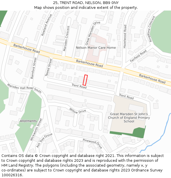 25, TRENT ROAD, NELSON, BB9 0NY: Location map and indicative extent of plot