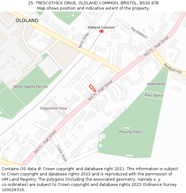 25, TRESCOTHICK DRIVE, OLDLAND COMMON, BRISTOL, BS30 9TB: Location map and indicative extent of plot