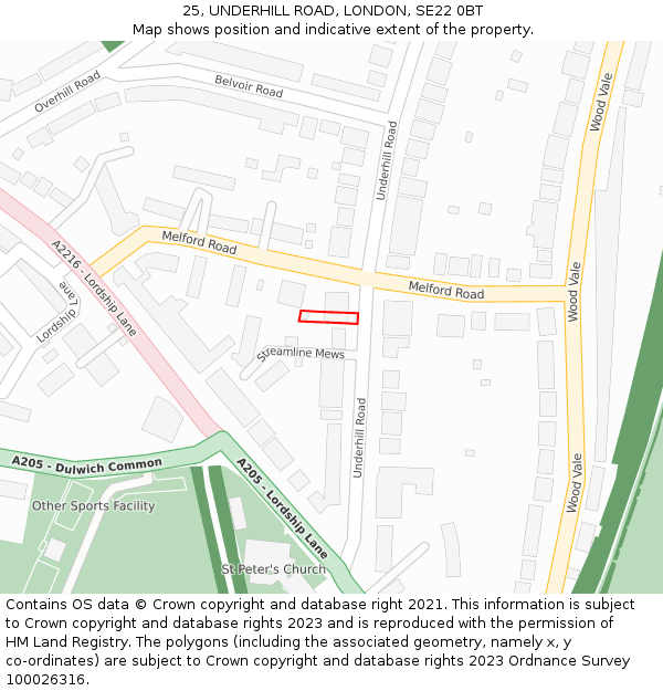 25, UNDERHILL ROAD, LONDON, SE22 0BT: Location map and indicative extent of plot