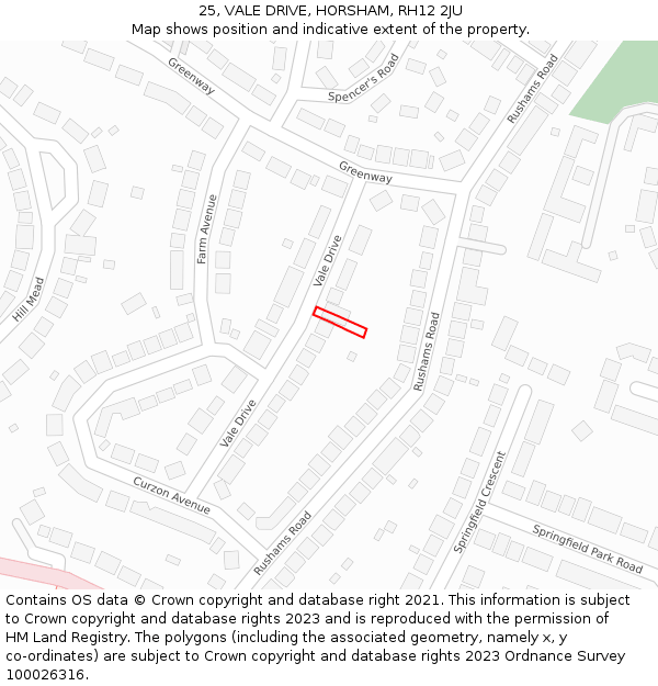 25, VALE DRIVE, HORSHAM, RH12 2JU: Location map and indicative extent of plot