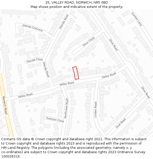 25, VALLEY ROAD, NORWICH, NR5 0BD: Location map and indicative extent of plot