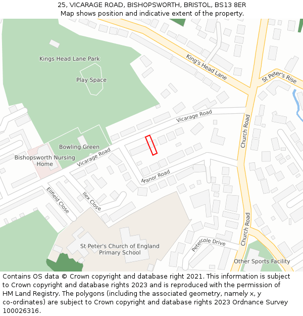 25, VICARAGE ROAD, BISHOPSWORTH, BRISTOL, BS13 8ER: Location map and indicative extent of plot