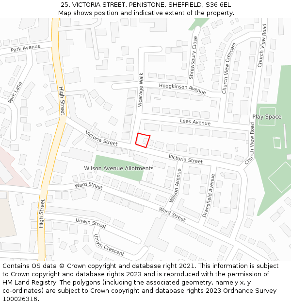 25, VICTORIA STREET, PENISTONE, SHEFFIELD, S36 6EL: Location map and indicative extent of plot