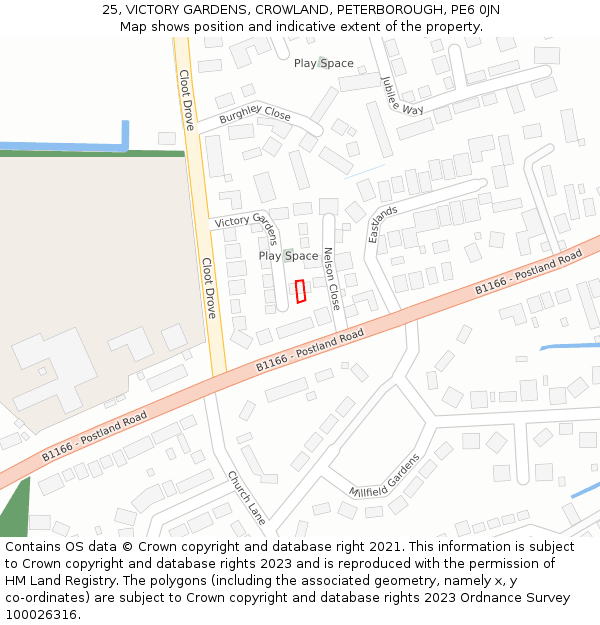25, VICTORY GARDENS, CROWLAND, PETERBOROUGH, PE6 0JN: Location map and indicative extent of plot