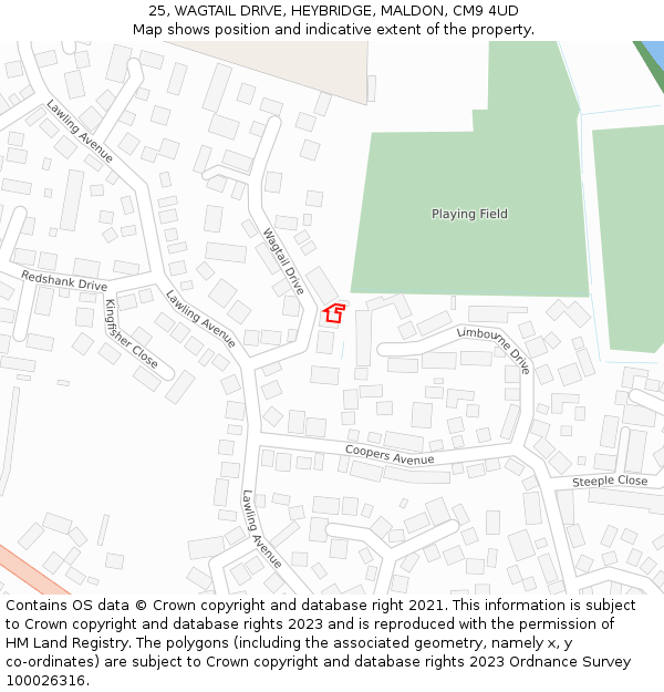 25, WAGTAIL DRIVE, HEYBRIDGE, MALDON, CM9 4UD: Location map and indicative extent of plot