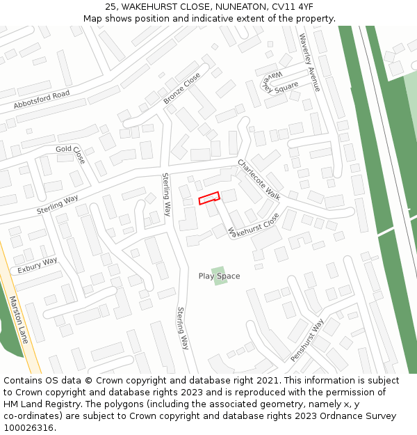 25, WAKEHURST CLOSE, NUNEATON, CV11 4YF: Location map and indicative extent of plot