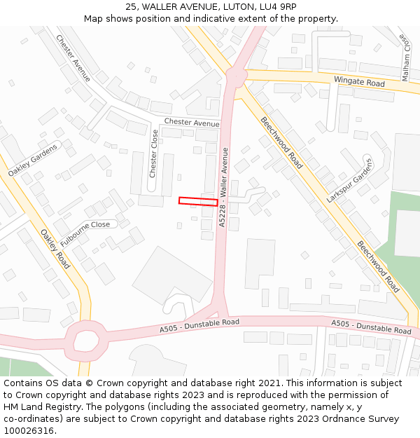 25, WALLER AVENUE, LUTON, LU4 9RP: Location map and indicative extent of plot
