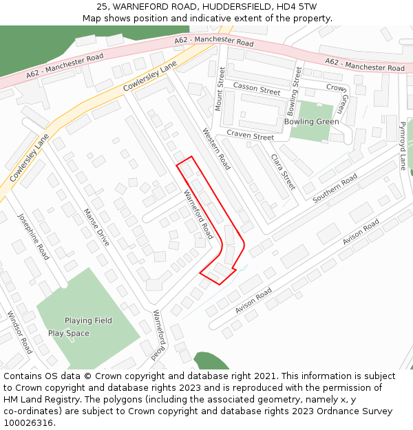 25, WARNEFORD ROAD, HUDDERSFIELD, HD4 5TW: Location map and indicative extent of plot