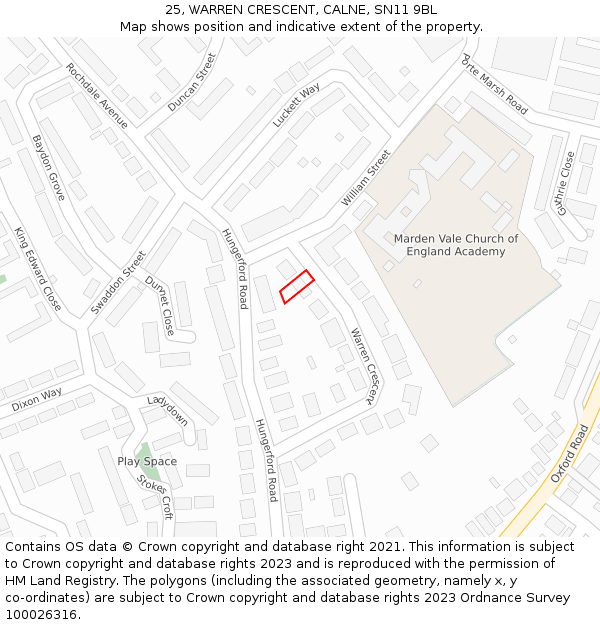 25, WARREN CRESCENT, CALNE, SN11 9BL: Location map and indicative extent of plot