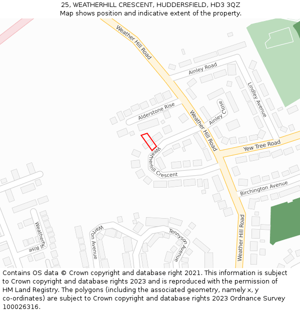 25, WEATHERHILL CRESCENT, HUDDERSFIELD, HD3 3QZ: Location map and indicative extent of plot