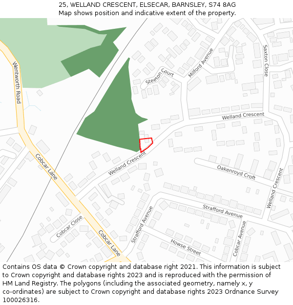 25, WELLAND CRESCENT, ELSECAR, BARNSLEY, S74 8AG: Location map and indicative extent of plot