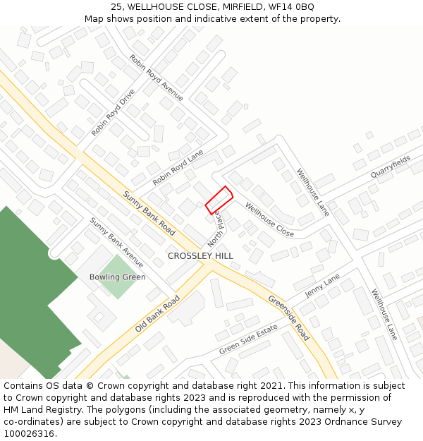 25, WELLHOUSE CLOSE, MIRFIELD, WF14 0BQ: Location map and indicative extent of plot