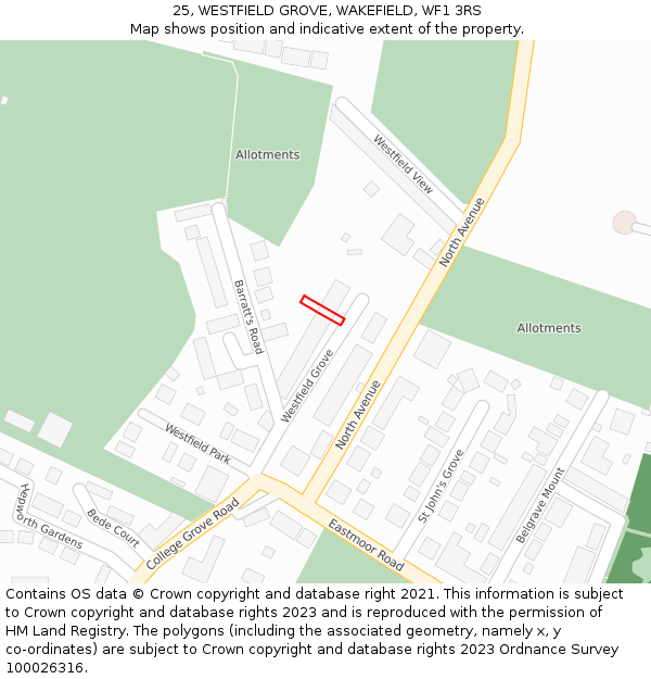 25, WESTFIELD GROVE, WAKEFIELD, WF1 3RS: Location map and indicative extent of plot