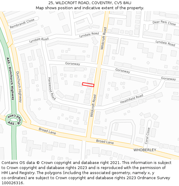 25, WILDCROFT ROAD, COVENTRY, CV5 8AU: Location map and indicative extent of plot