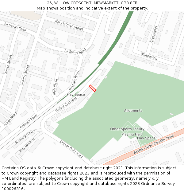 25, WILLOW CRESCENT, NEWMARKET, CB8 8ER: Location map and indicative extent of plot