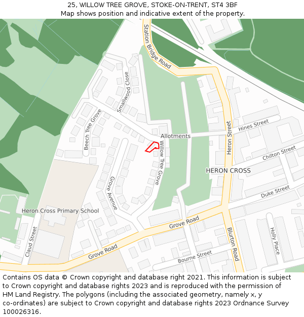 25, WILLOW TREE GROVE, STOKE-ON-TRENT, ST4 3BF: Location map and indicative extent of plot