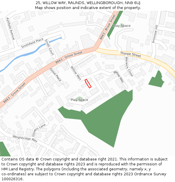25, WILLOW WAY, RAUNDS, WELLINGBOROUGH, NN9 6UJ: Location map and indicative extent of plot