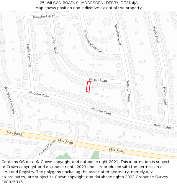 25, WILSON ROAD, CHADDESDEN, DERBY, DE21 4JA: Location map and indicative extent of plot