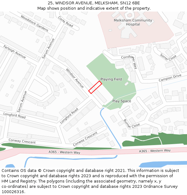 25, WINDSOR AVENUE, MELKSHAM, SN12 6BE: Location map and indicative extent of plot