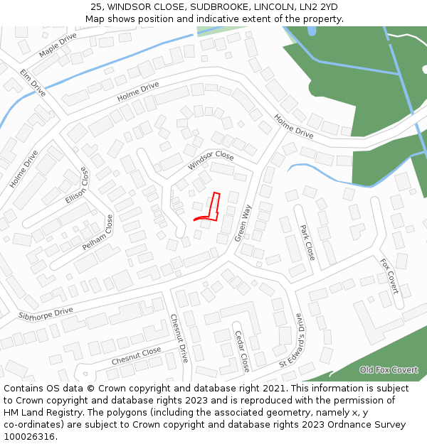 25, WINDSOR CLOSE, SUDBROOKE, LINCOLN, LN2 2YD: Location map and indicative extent of plot
