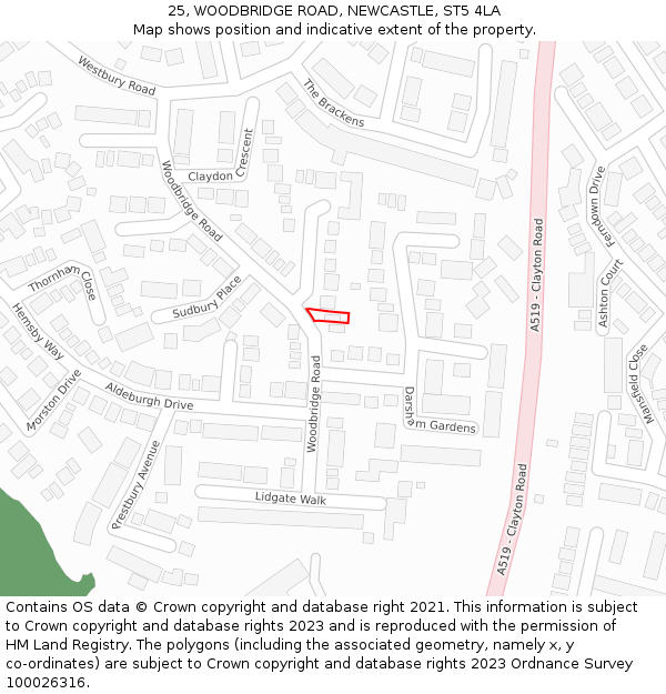 25, WOODBRIDGE ROAD, NEWCASTLE, ST5 4LA: Location map and indicative extent of plot