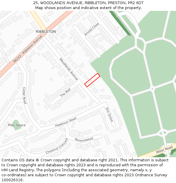 25, WOODLANDS AVENUE, RIBBLETON, PRESTON, PR2 6DT: Location map and indicative extent of plot