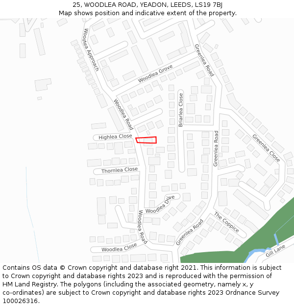 25, WOODLEA ROAD, YEADON, LEEDS, LS19 7BJ: Location map and indicative extent of plot