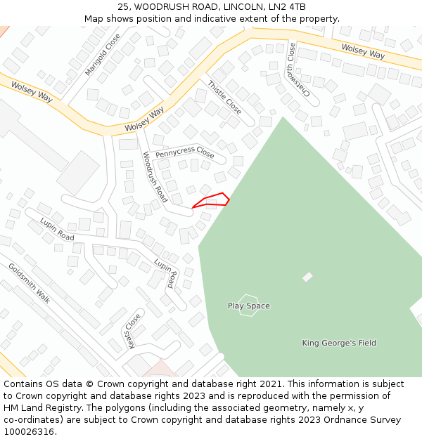 25, WOODRUSH ROAD, LINCOLN, LN2 4TB: Location map and indicative extent of plot