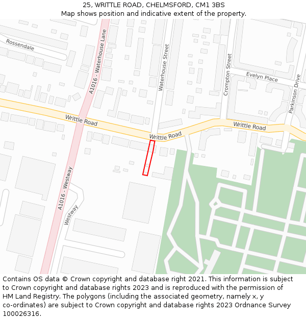 25, WRITTLE ROAD, CHELMSFORD, CM1 3BS: Location map and indicative extent of plot