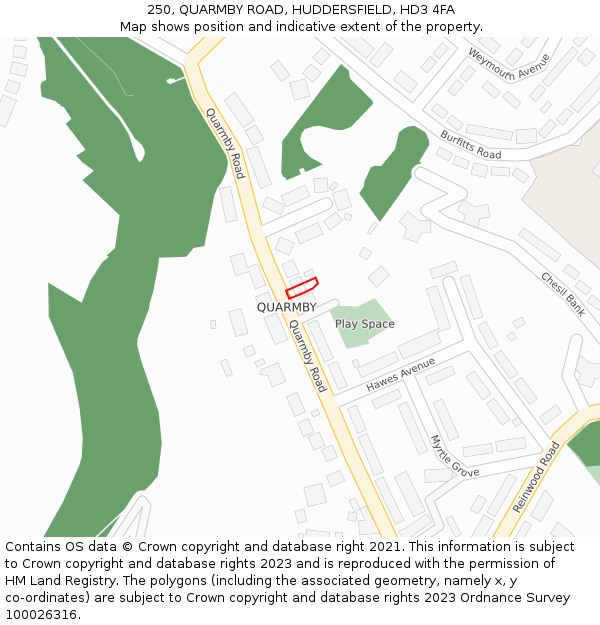 250, QUARMBY ROAD, HUDDERSFIELD, HD3 4FA: Location map and indicative extent of plot