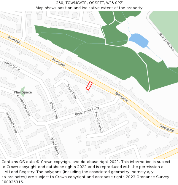 250, TOWNGATE, OSSETT, WF5 0PZ: Location map and indicative extent of plot