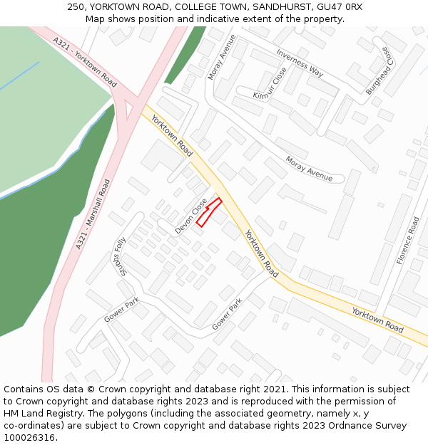250, YORKTOWN ROAD, COLLEGE TOWN, SANDHURST, GU47 0RX: Location map and indicative extent of plot