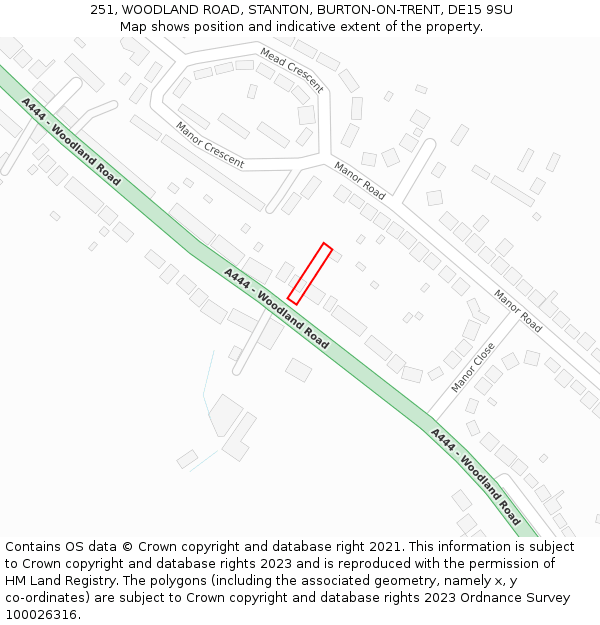 251, WOODLAND ROAD, STANTON, BURTON-ON-TRENT, DE15 9SU: Location map and indicative extent of plot