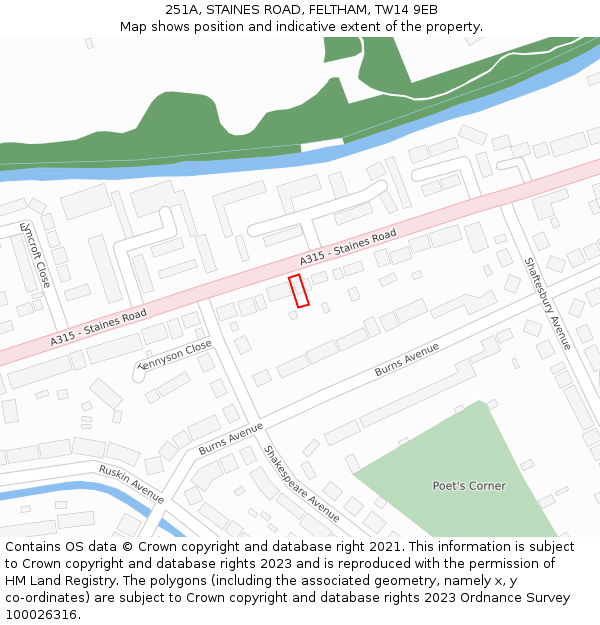 251A, STAINES ROAD, FELTHAM, TW14 9EB: Location map and indicative extent of plot