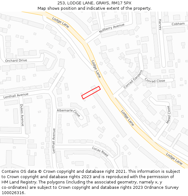 253, LODGE LANE, GRAYS, RM17 5PX: Location map and indicative extent of plot