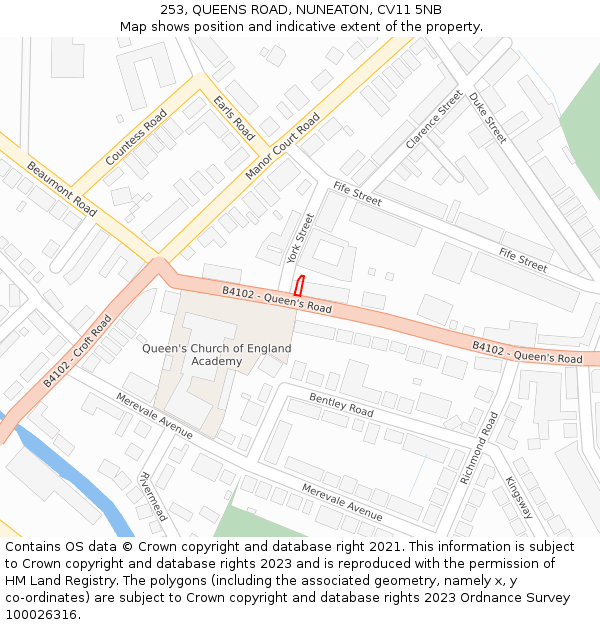 253, QUEENS ROAD, NUNEATON, CV11 5NB: Location map and indicative extent of plot
