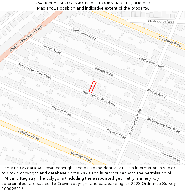254, MALMESBURY PARK ROAD, BOURNEMOUTH, BH8 8PR: Location map and indicative extent of plot
