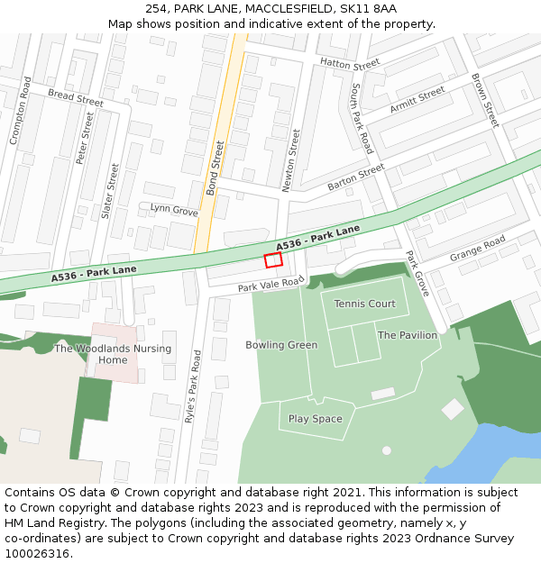 254, PARK LANE, MACCLESFIELD, SK11 8AA: Location map and indicative extent of plot