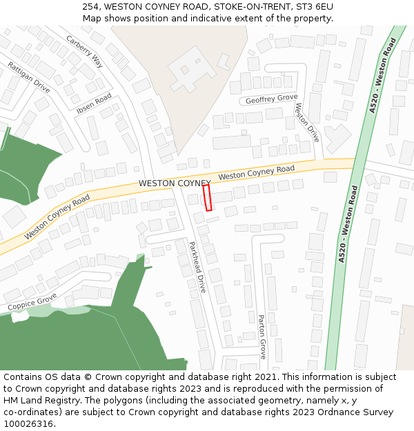254, WESTON COYNEY ROAD, STOKE-ON-TRENT, ST3 6EU: Location map and indicative extent of plot
