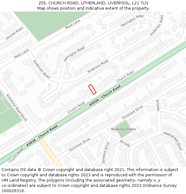 255, CHURCH ROAD, LITHERLAND, LIVERPOOL, L21 7LN: Location map and indicative extent of plot
