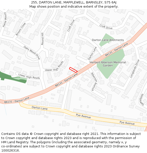 255, DARTON LANE, MAPPLEWELL, BARNSLEY, S75 6AJ: Location map and indicative extent of plot
