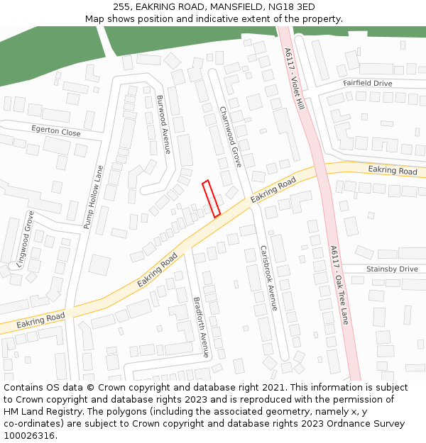 255, EAKRING ROAD, MANSFIELD, NG18 3ED: Location map and indicative extent of plot