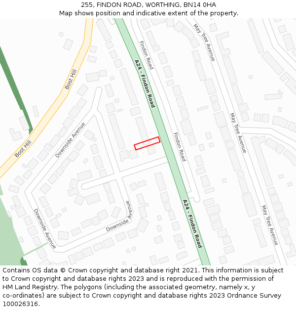 255, FINDON ROAD, WORTHING, BN14 0HA: Location map and indicative extent of plot