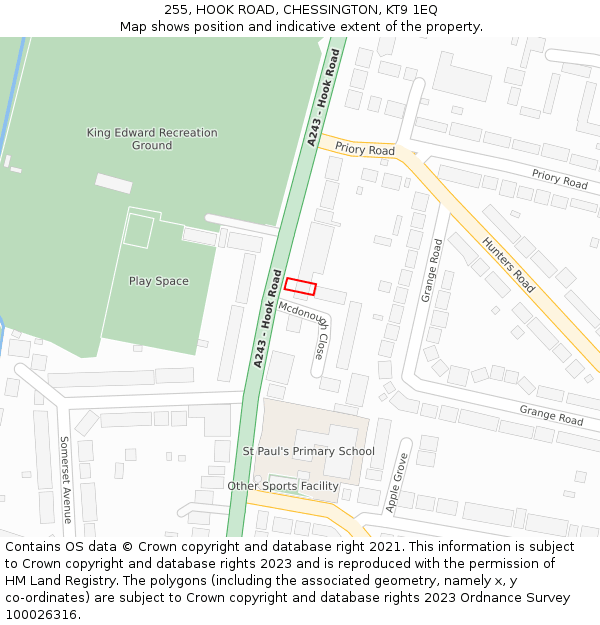 255, HOOK ROAD, CHESSINGTON, KT9 1EQ: Location map and indicative extent of plot