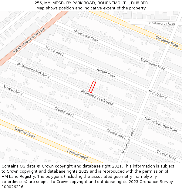 256, MALMESBURY PARK ROAD, BOURNEMOUTH, BH8 8PR: Location map and indicative extent of plot