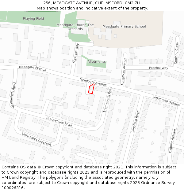 256, MEADGATE AVENUE, CHELMSFORD, CM2 7LL: Location map and indicative extent of plot