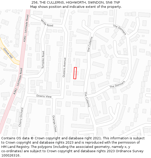 256, THE CULLERNS, HIGHWORTH, SWINDON, SN6 7NP: Location map and indicative extent of plot