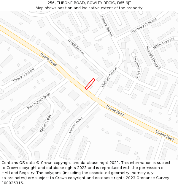 256, THRONE ROAD, ROWLEY REGIS, B65 9JT: Location map and indicative extent of plot