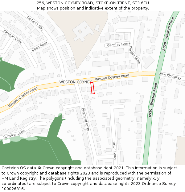 256, WESTON COYNEY ROAD, STOKE-ON-TRENT, ST3 6EU: Location map and indicative extent of plot
