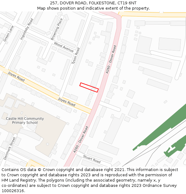 257, DOVER ROAD, FOLKESTONE, CT19 6NT: Location map and indicative extent of plot